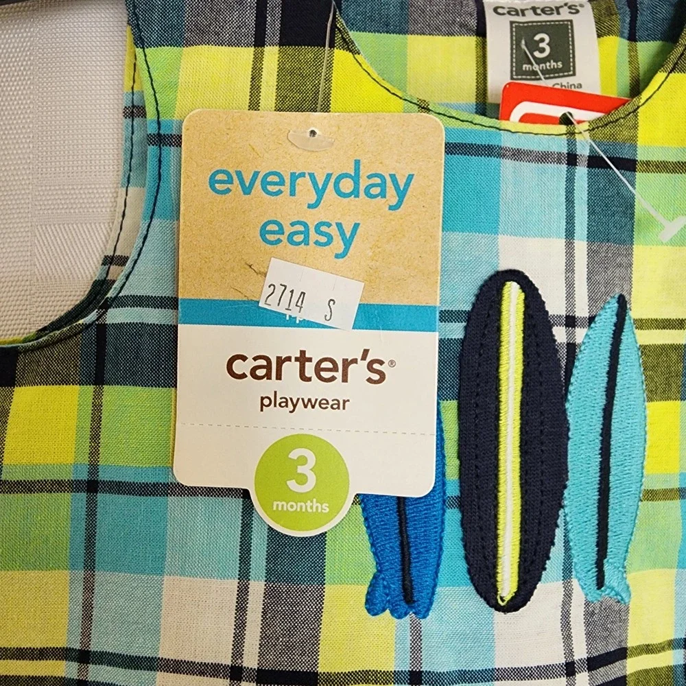 Carters Plaid Surfboard Romper Sleeveless Pockets Summer‎ Outfit 3 Months
